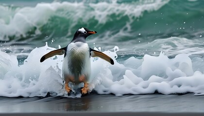 Wall Mural - Gentoo penguin emerging from turbulent ocean waves onto the rocky shore