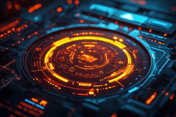 Poster - abstract futuristic interface with glowing orange lights and blue accents.