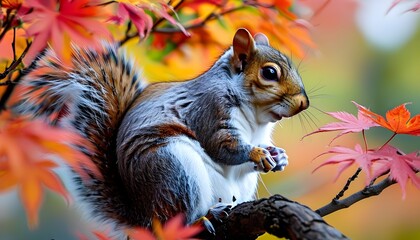 Wall Mural - Grey Squirrel perched amidst vibrant Japanese Maple foliage