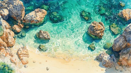 Wall Mural - A picturesque top-down view of a tropical coastline, where sunlit rocks punctuate the pristine, clear waters, their textures and colors blending harmoniously with the surrounding golden sands.