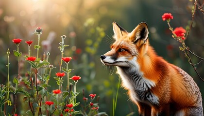 Wall Mural - Elegant red fox exploring a vibrant spring garden