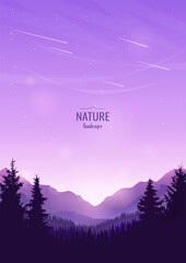 Wall Mural - colorful sunset in the mountains. mountain ranges and hills covered with forest. silhouettes of fir 