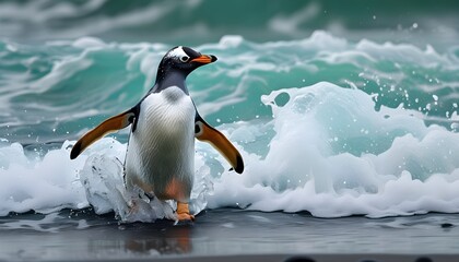 Wall Mural - Gentoo penguin emerging from turbulent ocean waves onto the rocky shore