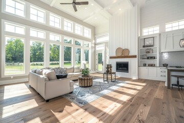 Wall Mural - Big bright luxury modern farmhouse open concept great room with high ceiling, fireplace and white oak wood floors in an upscale home interior design.