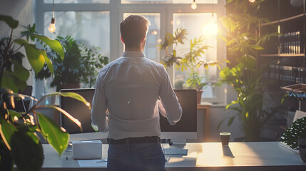 Angel investor with halo evaluating startup pitch, serene smile in soft morning light, entrepreneurial success concept