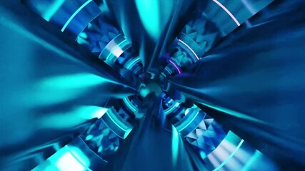 Wall Mural - Abstract background 3D animation moving through shiny glass metal and neon lights tunnel, loop
