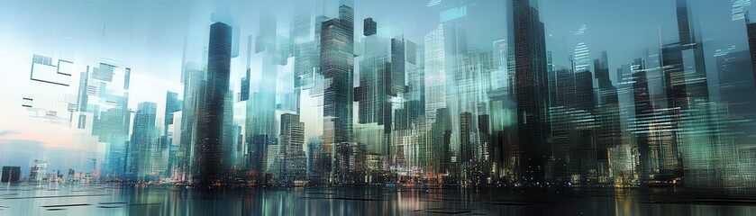 Canvas Print - A futuristic city skyline featuring tall skyscrapers, reflecting a blend of glass and light with a vibrant, abstract atmosphere.