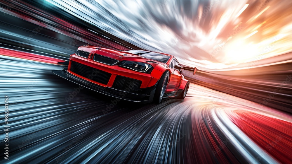 Hyperrealistic red stock car speeding on a race track with dynamic ...