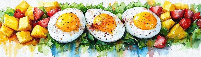 A delicious and nutritious breakfast featuring perfectly fried eggs with crispy edges, paired with rich avocado, a fresh salad mix, and juicy mango pieces, creating a colorful and balanced meal.