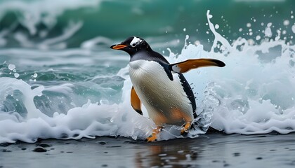 Wall Mural - Gentoo penguin emerging from turbulent ocean waves onto the rocky shore