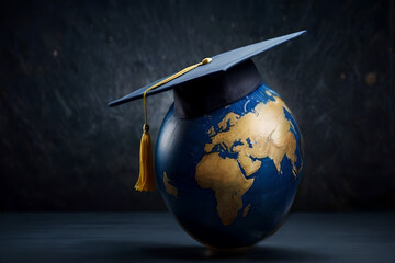 Global education concept: A globe with a graduation cap, symbolizing worldwide academic achievement and knowledge spreading across borders. 