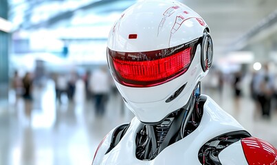 Poster - Futuristic Robot with Glossy Red Visor in Modern Space