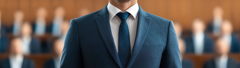 A professional man standing in front of an audience, dressed in a formal suit, ready to present or speak confidently.