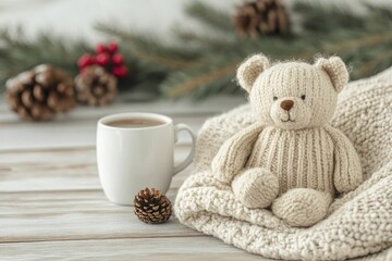 Canvas Print - Cozy Teddy Bear Nestled on a Soft Blanket, Evoking Warmth and Comfort in a Serene Home Environment