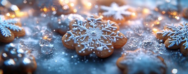 A delightful close-up of frosted gingerbread cookies shaped like snowflakes, sprinkled with sugar and glowing under soft light.