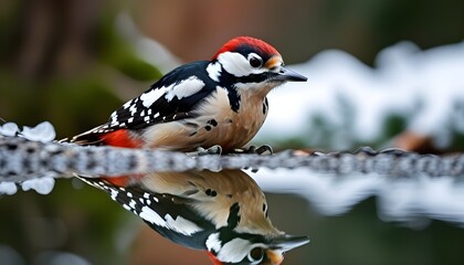 Poster - Great Spotted Woodpecker Reflecting in Still Waters