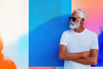 Elderly man with white beard and sunglasses stands in casual pose against colorful geometric pattern background, art portrait and clothing advertisement