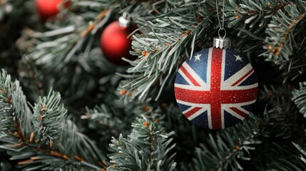 Wall Mural - close-up photograph of a christmas tree adorned with a british flag ornament hanging from its branches, captured in high resolution to highlight the festive spirit of the holiday season