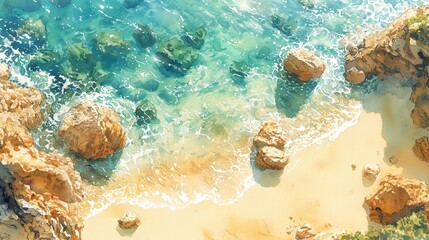 A picturesque top-down view of a tropical coastline, where sunlit rocks punctuate the pristine, clear waters, their textures and colors blending harmoniously with the surrounding golden sands.