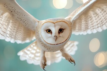 Wall Mural - Majestic White Owl in Flight Against a Clear Blue Sky, Capturing the Grace and Beauty of Nature in Motion with Outstretched Wings and a Glimpse of Its Serene Expression.