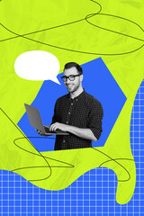 Aufkleber - Vertical poster collage young man employee worker nerd clerk laptop digital device browsing remote job checkered background