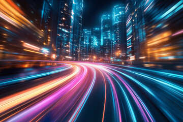 City streets with neon lights, dynamic motion blur, and colorful light trails at night