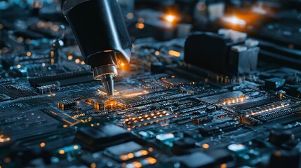 Poster - close-up view of a robotic arm working on a circuit board with glowing components in a high-tech set