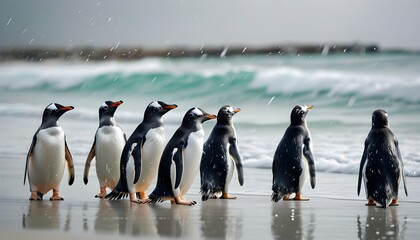 Wall Mural - Gentoo penguins braving the wind on a sandy beach