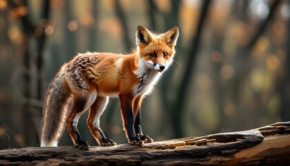 Wall Mural - Young red fox perched gracefully on a fallen tree in a serene woodland setting.