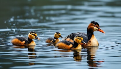 Silvery Grebes Family Gracefully Swimming on Tranquil Lake