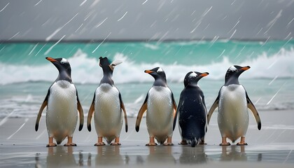 Wall Mural - Gentoo penguins braving the wind on a sandy beach