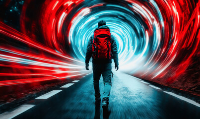 Wall Mural - Lone traveler in a vortex of red and blue light on a futuristic journey