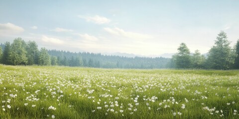 Poster - Vibrant Field of Wildflowers Under a Clear Blue Sky, Showcasing a Colorful Array of Blossoms in Full Bloom, Natures Breathtaking Beauty and Serenity