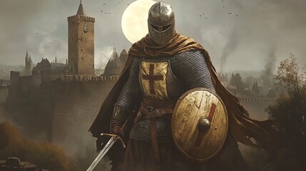 A valiant knight stands against a medieval backdrop, emanating bravery and honor with sword drawn under a full moon.