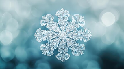 Poster - Delicate snowflake with intricate patterns against a soft blue background, capturing the beauty of winter and tranquility.