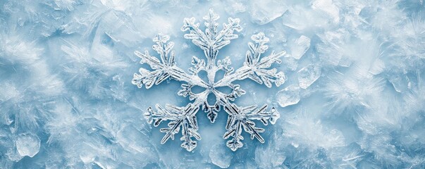 Poster - Intricate snowflake resting on icy surface, showcasing delicate patterns and winter beauty, perfect for seasonal themes.