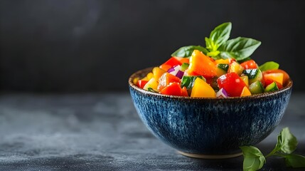 A vibrant bowl of fresh vegetable salad with basil, showcasing colorful ingredients for healthy dining.