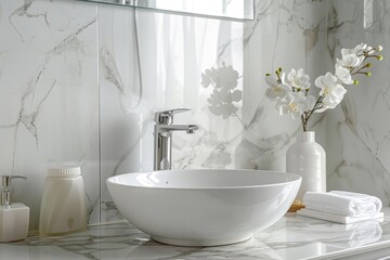 Wall Mural - Elegant white bathroom interior with marble countertop with copy space and bathroom appliances product.