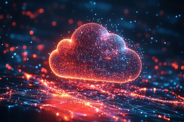 Poster - Abstract glowing red and blue cloud computing symbol on a dark background.