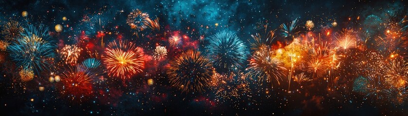 A festive and lively backdrop featuring a spectacular display of fireworks in various hue bright reds, shimmering golds, and electric blue against a dark sky, with ample space for adding New Year