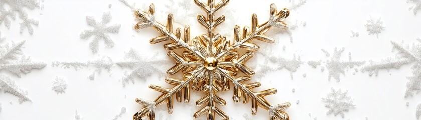 Poster - Elegant golden snowflake ornament on a soft white background, perfect for winter holiday themes and festive decor inspirations.