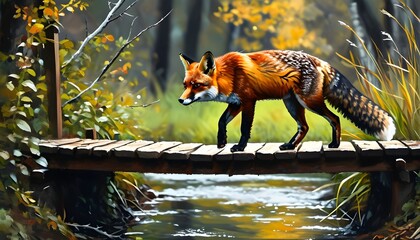 Wall Mural - Red fox navigating a wooden bridge in a serene forest setting