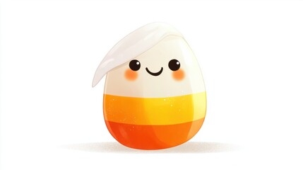 A cute candy corn cartoon with a ghostly sheet and funny expression, perfect for Halloween, isolated on a white background.