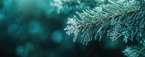 Poster - Close-up of frosted pine branch showcasing delicate snowflakes and a serene, cool color palette perfect for winter themes.