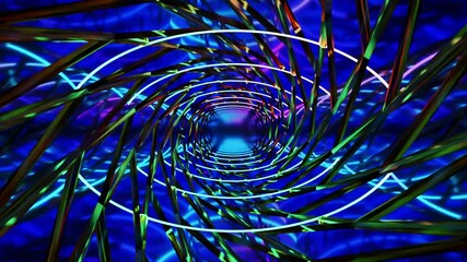 Wall Mural - Abstract background 3D animation moving through shiny glass metal and neon lights tunnel, loop