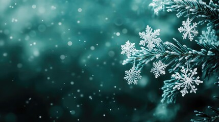 Poster - Sparkling snowflakes gently rest on frosty evergreen branches, creating a serene winter scene full of tranquility and beauty.
