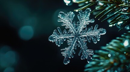 Aufkleber - A delicate snowflake resting on a pine branch, showcasing intricate patterns against a dark, blurred background.