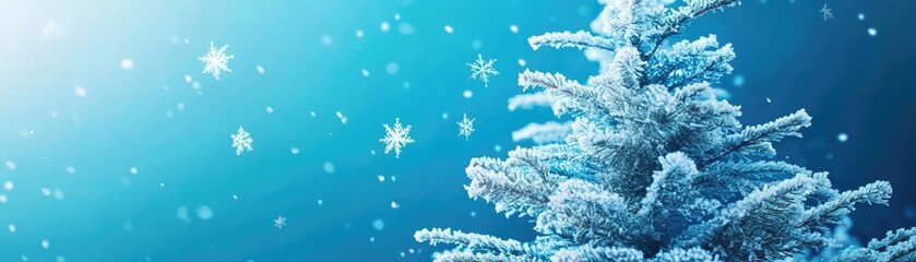 Poster - Winter landscape featuring a snowy Christmas tree against a serene blue background, perfect for holiday and seasonal themes.