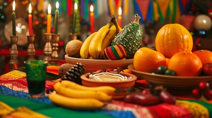 a festive Kwanzaa display with colorful decorations and traditional items