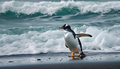 Wall Mural - Gentoo penguin strolling along a windswept beach beside the turbulent Atlantic ocean